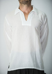 Unisex Long Sleeve Cotton Yoga Shirt with V Neck Collar in White