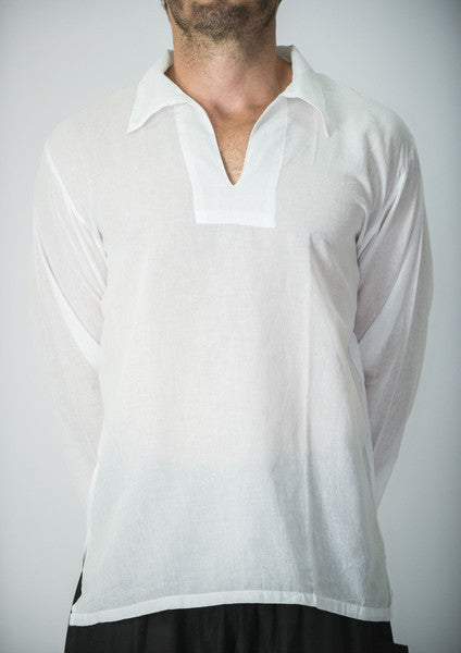 Unisex Long Sleeve Cotton Yoga Shirt with V Neck Collar in White