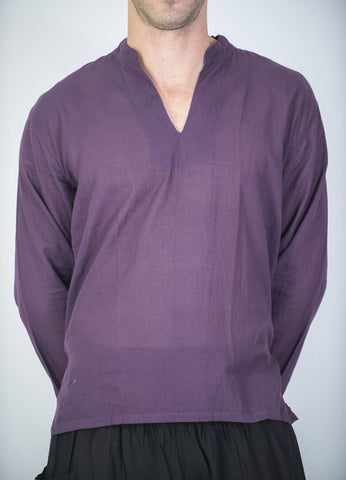 Unisex Long Sleeve Cotton Yoga Shirt with Nehru Collar in Dark Purple