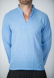Unisex Long Sleeve Cotton Yoga Shirt with Nehru Collar in Blue