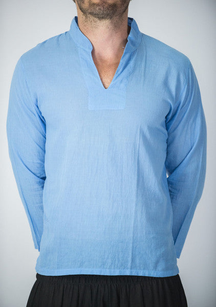 Unisex Long Sleeve Cotton Yoga Shirt with Nehru Collar in Blue