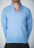 Wholesale Unisex Long Sleeve Cotton Yoga Shirt with Nehru Collar in Blue - $10.00