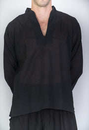 Unisex Long Sleeve Cotton Yoga Shirt with Nehru Collar in Black