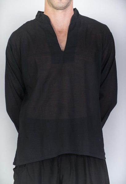 Unisex Long Sleeve Cotton Yoga Shirt with Nehru Collar in Black