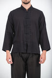 Wholesale Unisex Long Sleeve Cotton Yoga Shirt with Chinese Collar in Black - $9.00