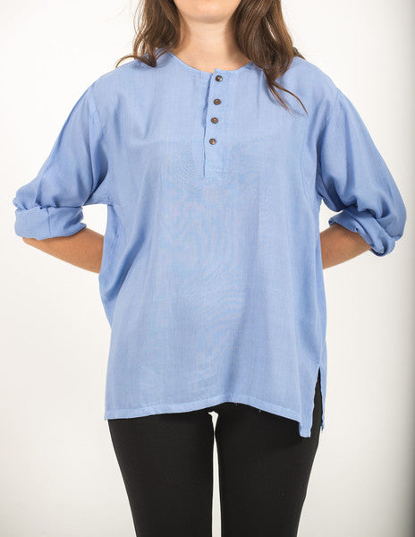 Unisex Long Sleeve Cotton Yoga Shirt with Coconut Shell Buttons in Blue