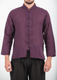 Wholesale Unisex Long Sleeve Cotton Yoga Shirt with Chinese Collar in Dark Purple - $9.00
