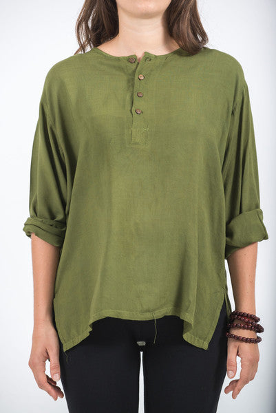Unisex Long Sleeve Cotton Yoga Shirt with Coconut Shell Buttons in Olive