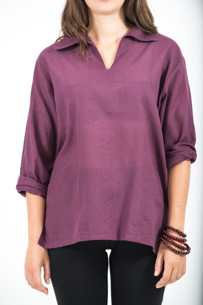 Unisex Long Sleeve Cotton Yoga Shirt with V Neck Collar in Dark Purple
