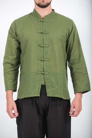 Unisex Long Sleeve Cotton Yoga Shirt with Chinese Collar in Olive