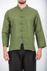 Unisex Long Sleeve Cotton Yoga Shirt with Chinese Collar in Olive