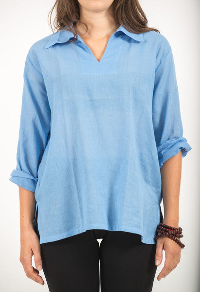 Unisex Long Sleeve Cotton Yoga Shirt with V Neck Collar in Blue
