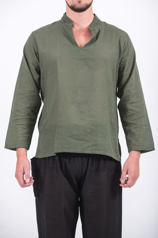 Unisex Long Sleeve Cotton Yoga Shirt with Nehru Collar in Olive