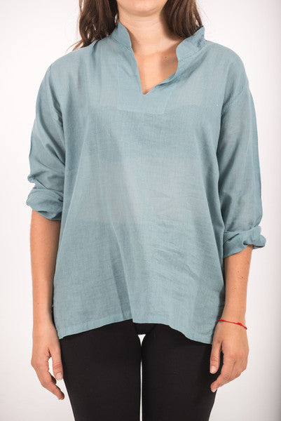 Unisex Long Sleeve Cotton Yoga Shirt with Nehru Collar in Aqua
