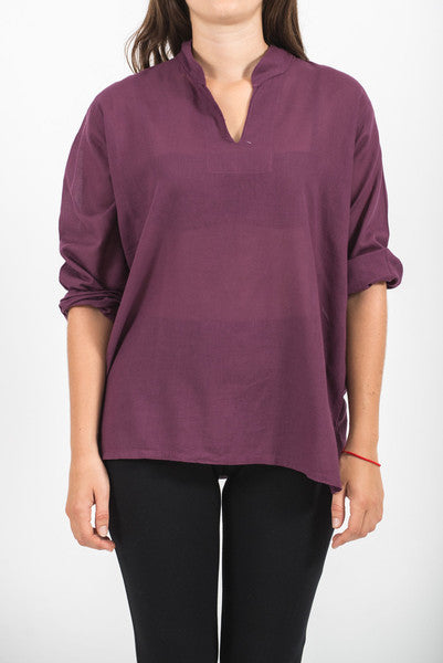 Unisex Long Sleeve Cotton Yoga Shirt with Nehru Collar in Dark Purple