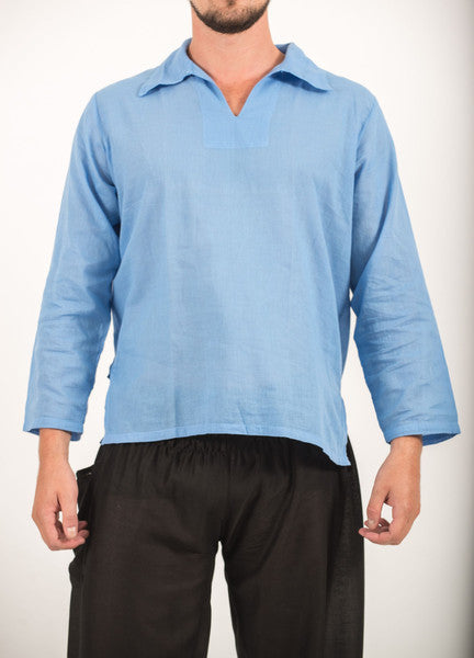 Unisex Long Sleeve Cotton Yoga Shirt with V Neck Collar in Blue