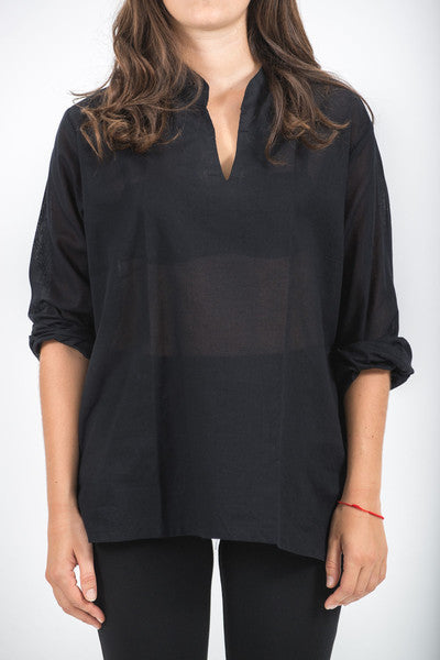 Unisex Long Sleeve Cotton Yoga Shirt with Nehru Collar in Black
