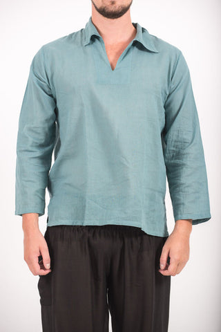 Unisex Long Sleeve Cotton Yoga Shirt with V Neck Collar in Aqua