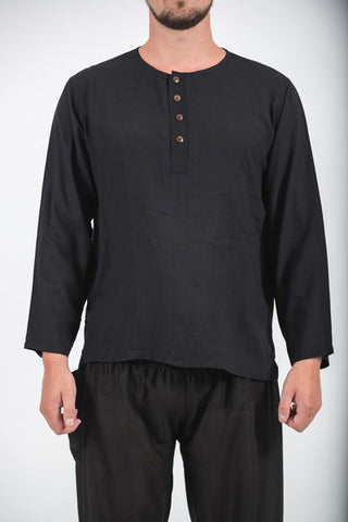 Unisex Long Sleeve Cotton Yoga Shirt with Coconut Shell Buttons in Black