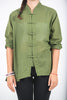 Unisex Long Sleeve Cotton Yoga Shirt with Chinese Collar in Olive