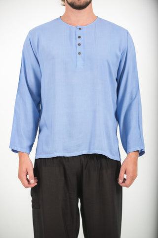 Unisex Long Sleeve Cotton Yoga Shirt with Coconut Shell Buttons in Blue