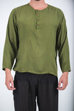 Wholesale Unisex Long Sleeve Cotton Yoga Shirt with Coconut Shell Buttons in Olive - $9.00