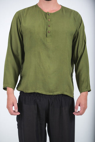 Unisex Long Sleeve Cotton Yoga Shirt with Coconut Shell Buttons in Olive