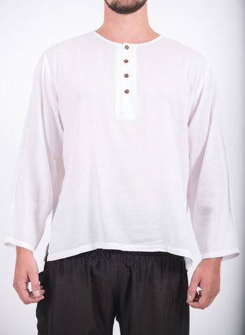 Unisex Long Sleeve Cotton Yoga Shirt with Coconut Shell Buttons in White