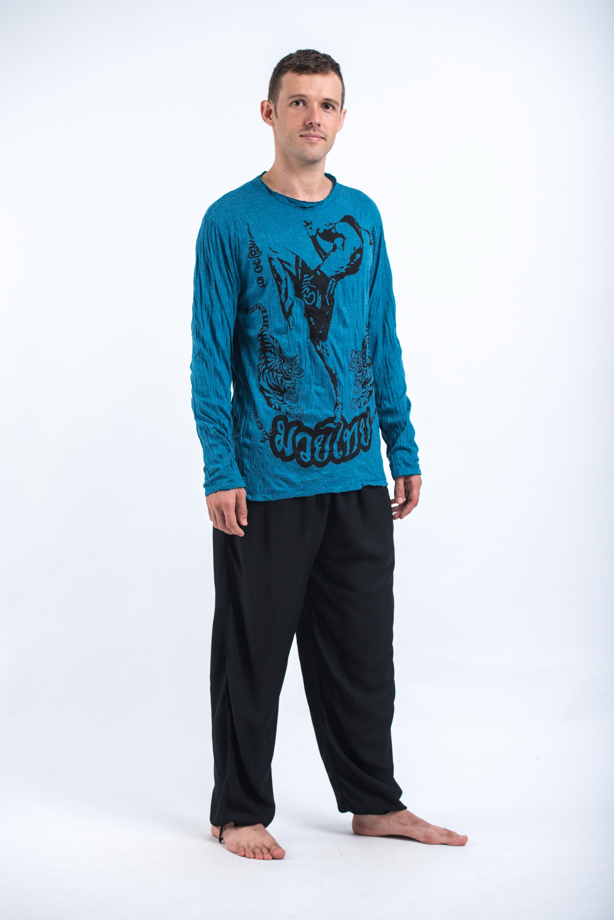 Sure Design Unisex Muay Thai Flying Knee Long Sleeve T-Shirt Denim Blue