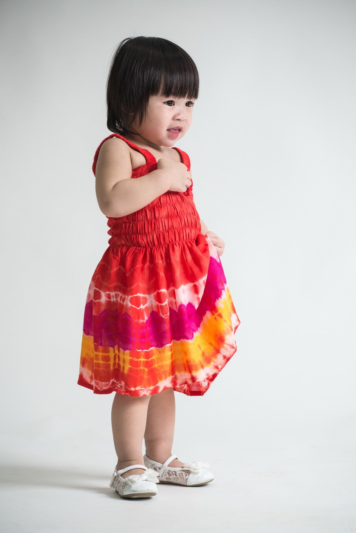 Girls Children's Tie Dye Cotton Dress With Beads Red