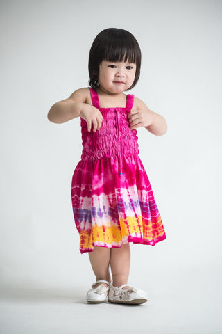 Girls Children's Tie Dye Cotton Dress With Beads Pink