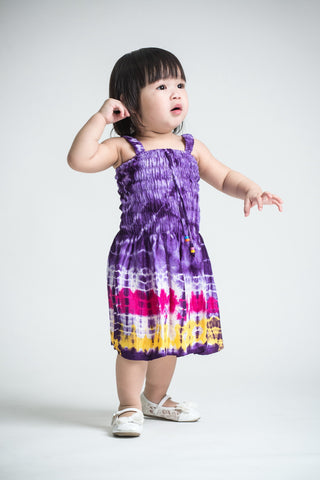 Girls Children's Tie Dye Cotton Dress With Beads Purple