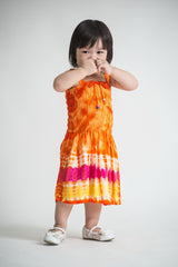 Girls Children's Tie Dye Cotton Dress With Beads Orange