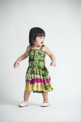 Girls Children's Tie Dye Cotton Dress With Beads Dark Green