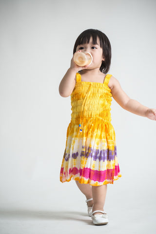 Girls Children's Tie Dye Cotton Dress With Beads Yellow