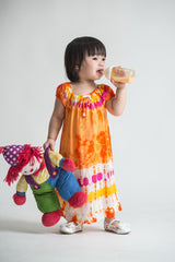 Girls Children's Tie Dye Cotton Dress With Sleeves Beads Orange