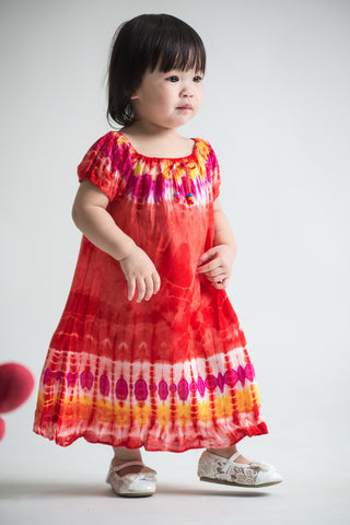 Girls Children's Tie Dye Cotton Dress With Sleeves Beads Red