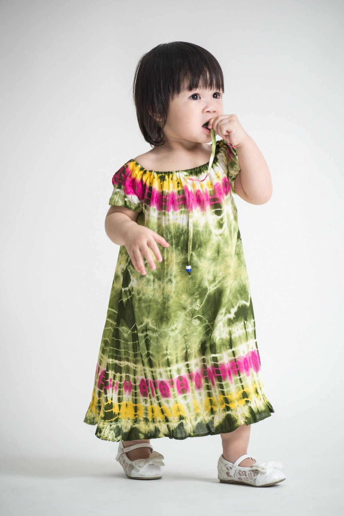 Girls Children's Tie Dye Cotton Dress With Sleeves Beads Green Sure Design Wholesale Girls Children's Tie Dye Cotton Dress With Sleeves Beads Green Sure Design Wholesale