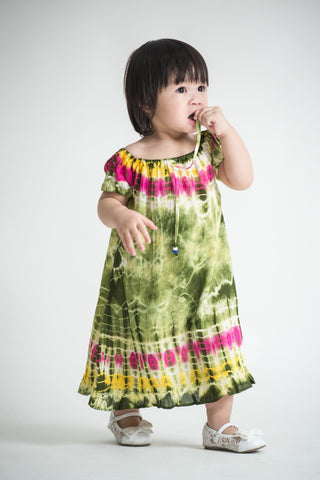Girls Children's Tie Dye Cotton Dress With Sleeves Beads Green