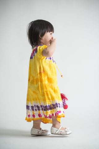 Girls Children's Tie Dye Cotton Dress With Sleeves Beads Yellow