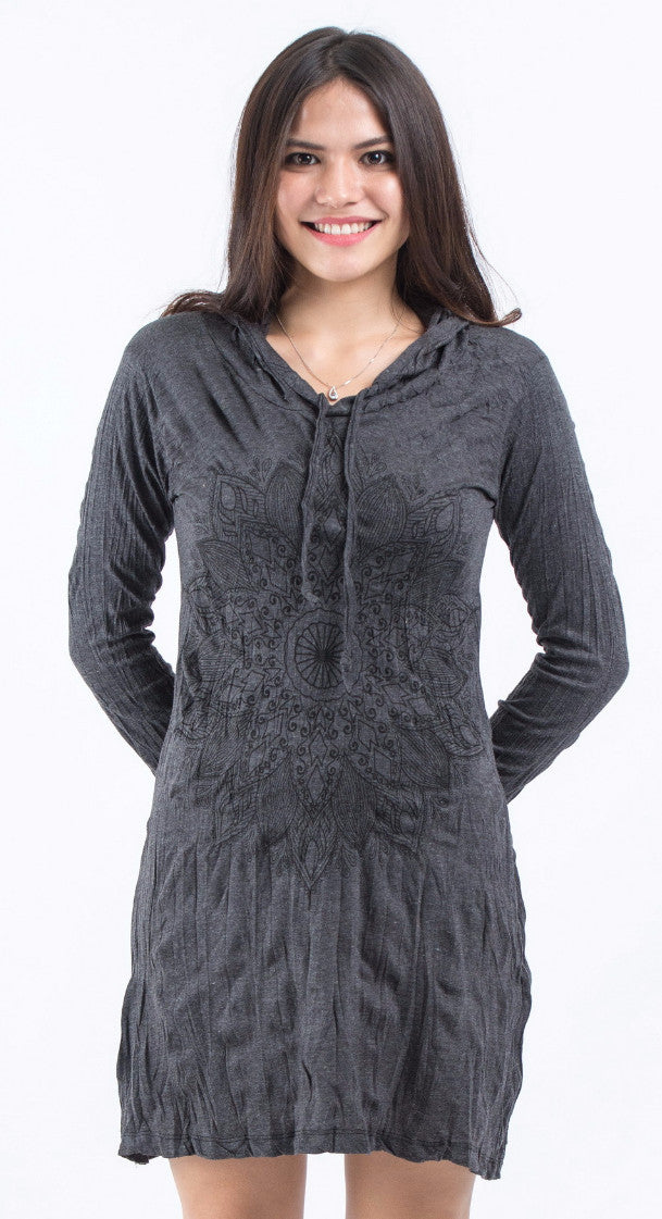 Sure Design Womens Lotus Mandala Hoodie Dress Black