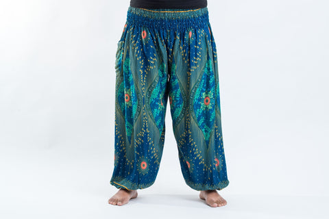 Plus Size Peacock Eye Unisex Harem Pants in Turquoise