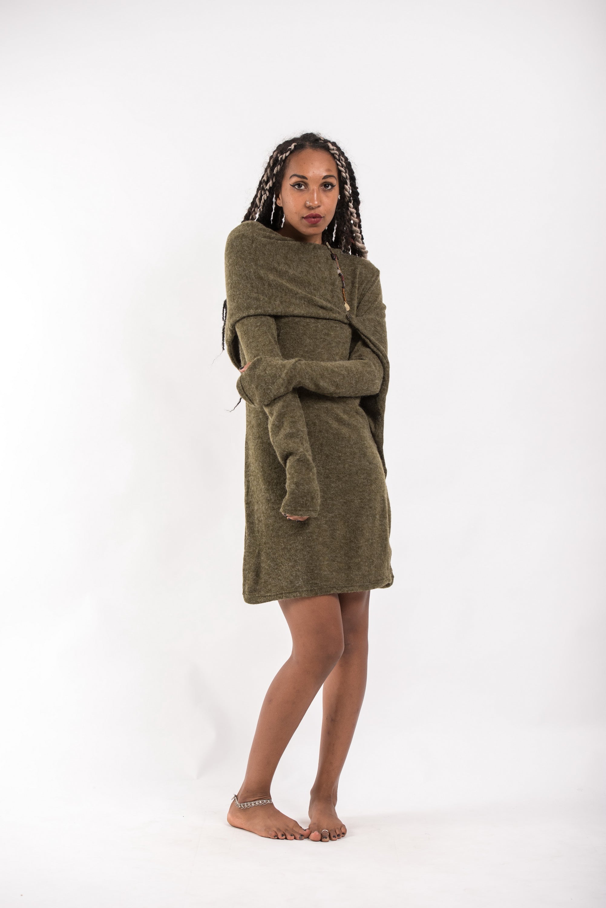 Shawl Hoodie Combo Sweater Dress in Green