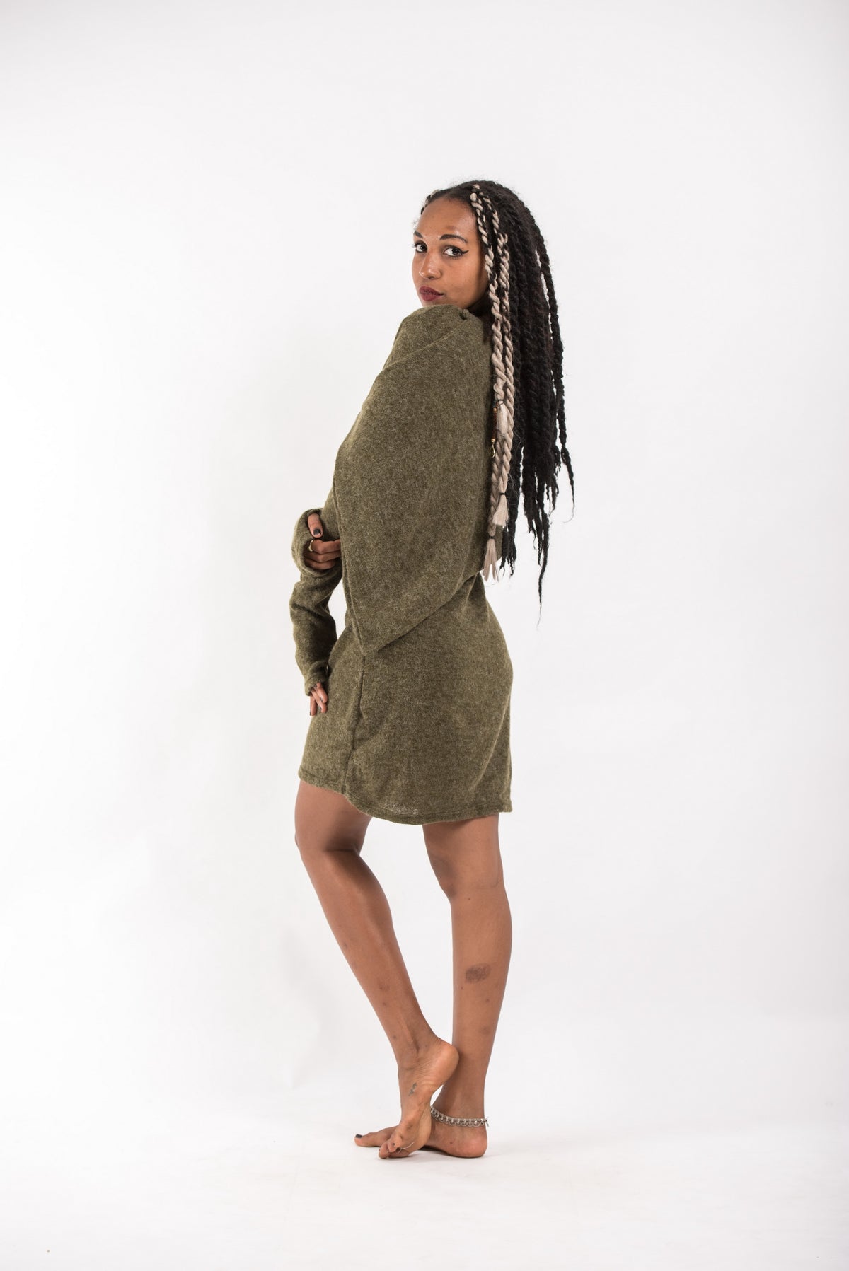 Shawl Hoodie Combo Sweater Dress in Green