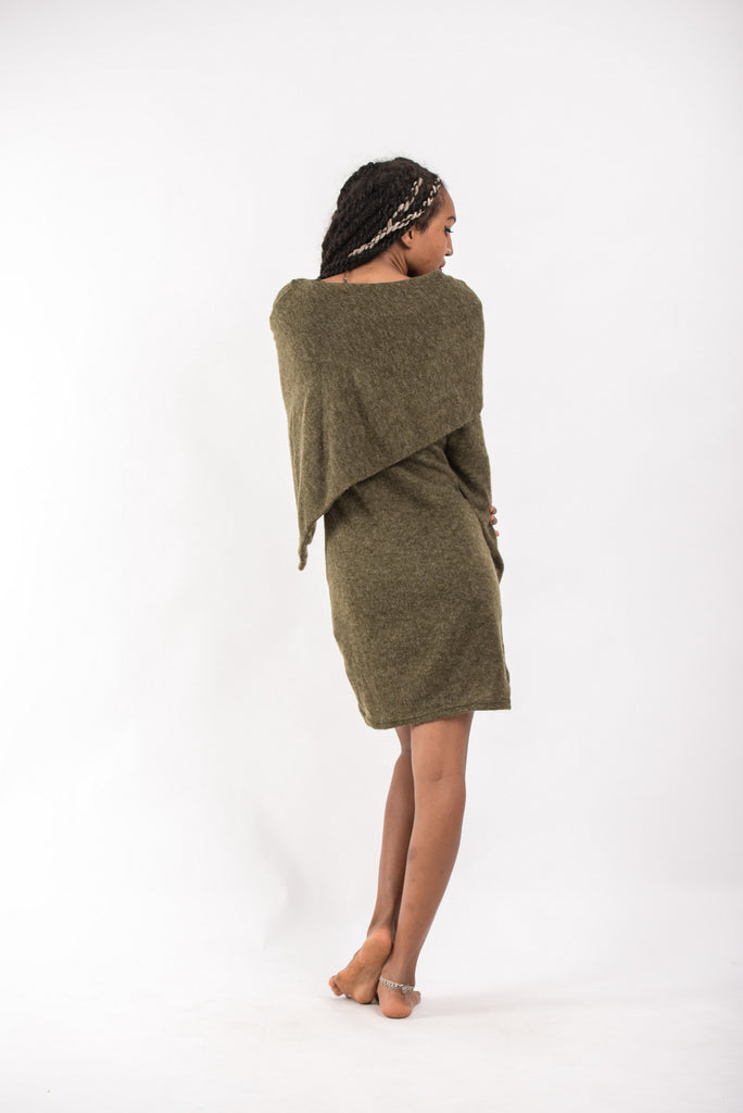 Wholesale Shawl Hoodie Combo Sweater Dress in Green