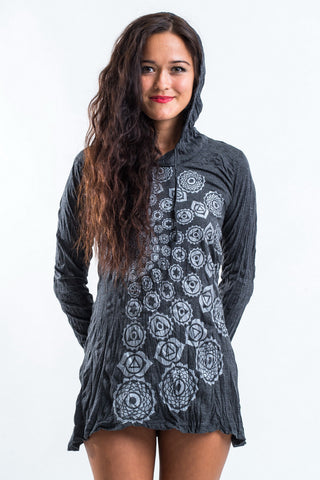 Sure Design Women's Chakra Fractal Hoodie Dress Silver on Black