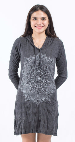 Sure Design Womens Lotus Mandala Hoodie Dress Silver on Black