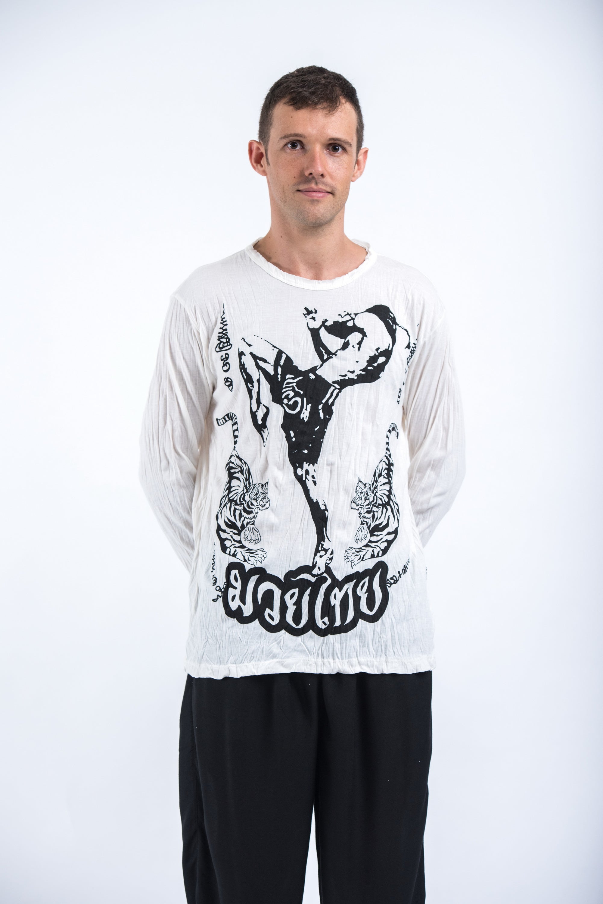 Sure Design Unisex Muay Thai Flying Knee Long Sleeve T-Shirt White