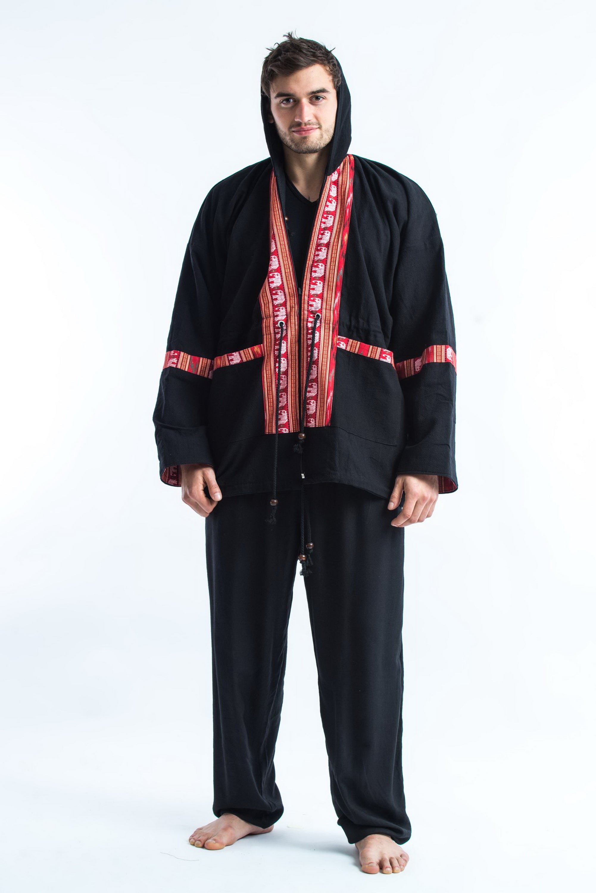 Thai Traditional Unisex Woven Cotton Fabric Hoodies With Delicate Embroidery Black