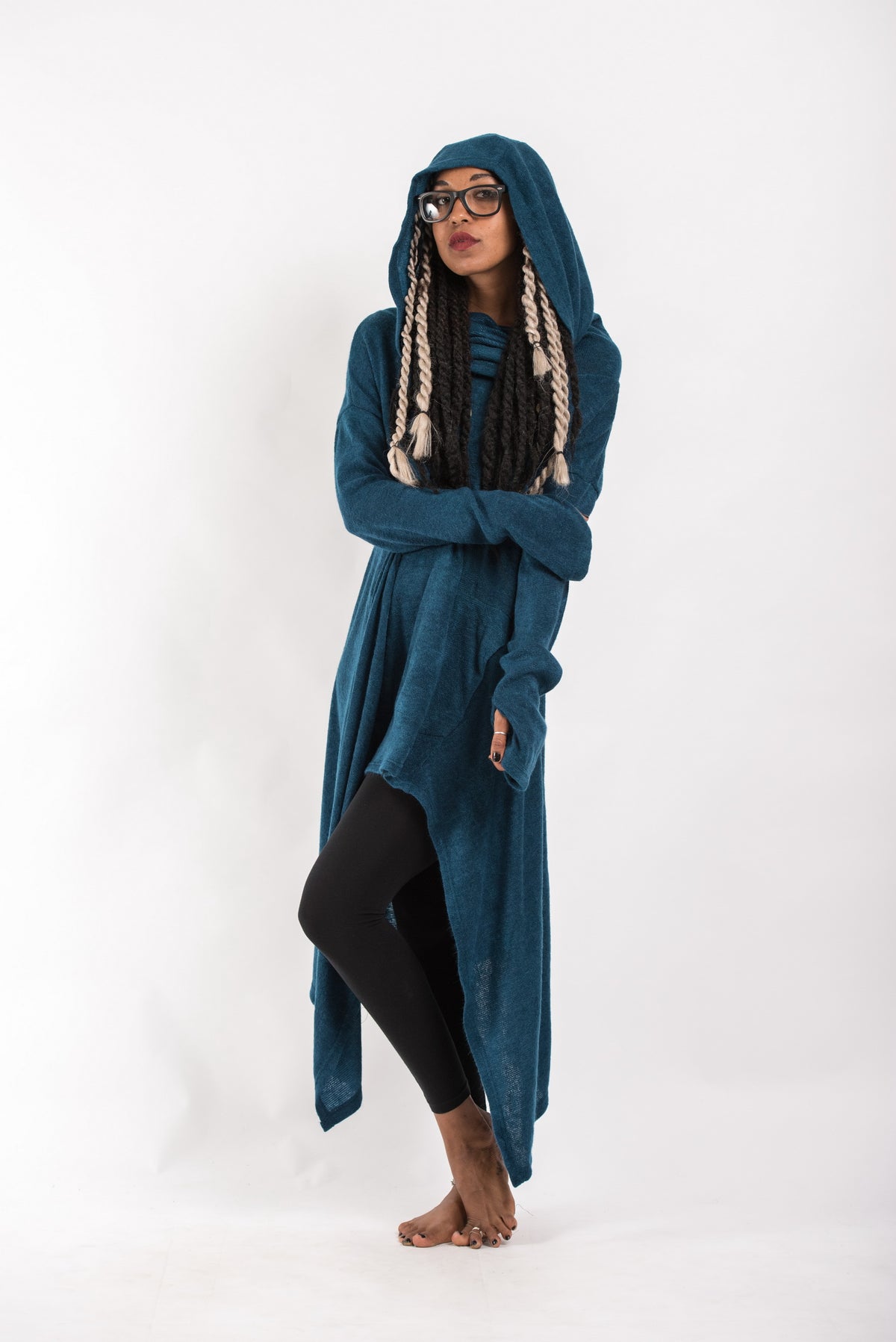 Ultra Long Hooded Sweater in Blue